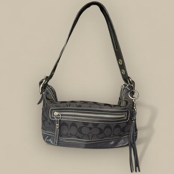 Vtg Y2K Coach Signature Canvas Shoulder Bag Small Black Leather Logo Purse Small - Picture 1 of 7